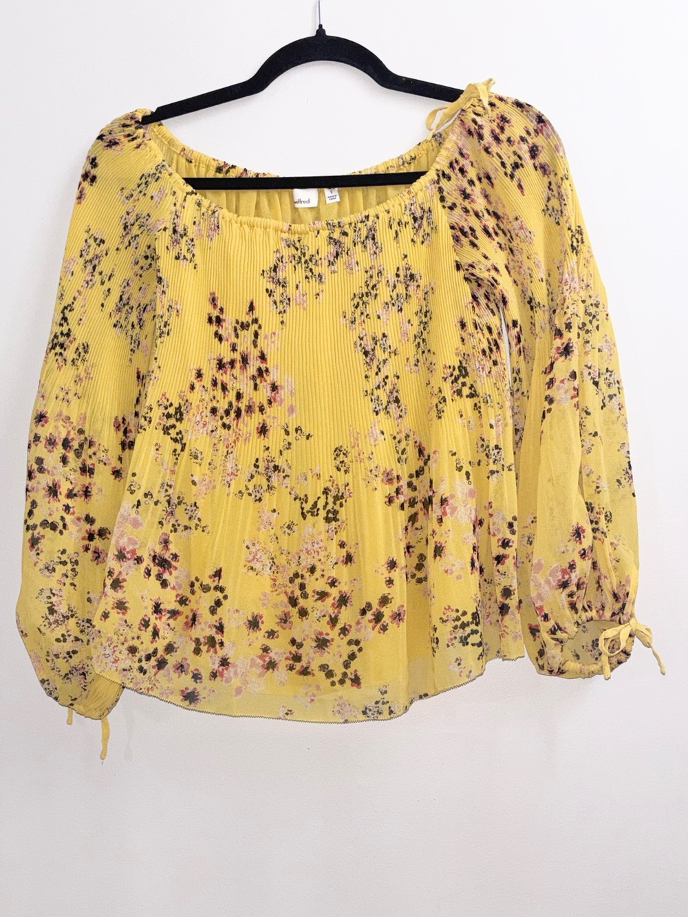 Aritzia Wilfred Talence Off the Shoulder Blouse Yellow Floral Pleated Top Small